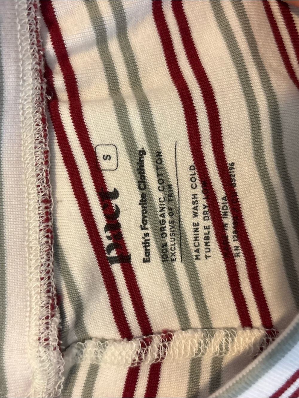 PACT Organic Cotton Burgundy Red Sage Green Striped Long Sleeve Pajama Set S - Picture 9 of 10